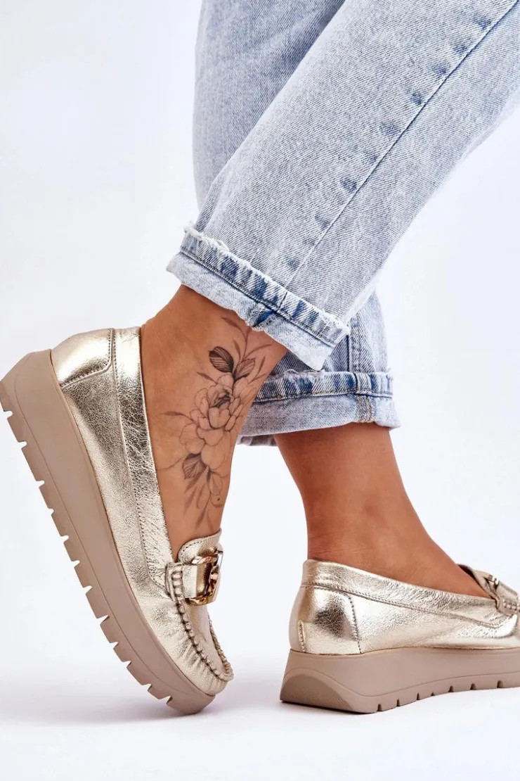 Hot Zazoo 10141 Skórzane Mokasyny Na Platformie Z Ozdobą Złote