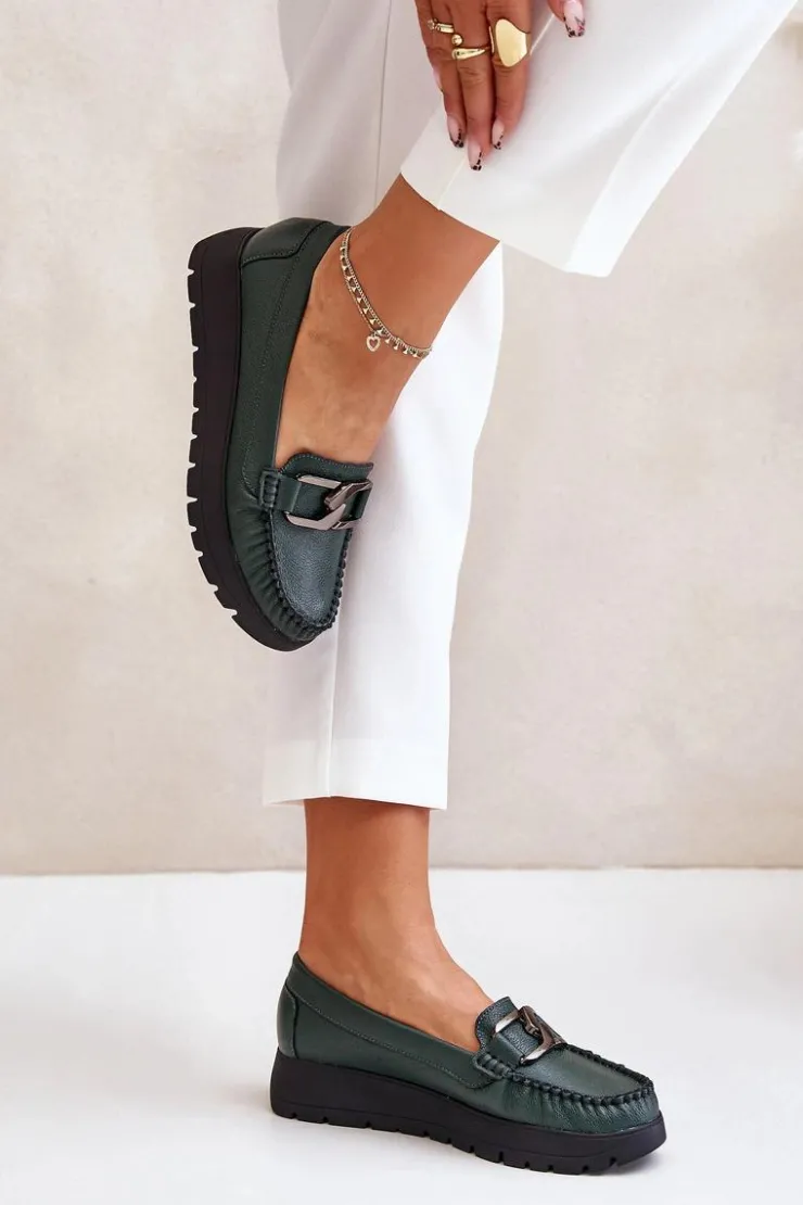 Best Zazoo 10141 Skórzane Mokasyny Na Platformie Z Ozdobą Ciemnozielone Zielony