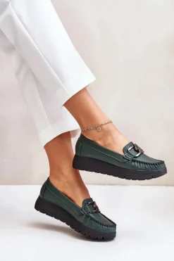 Best Zazoo 10141 Skórzane Mokasyny Na Platformie Z Ozdobą Ciemnozielone Zielony