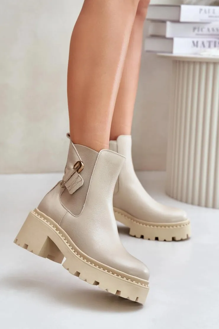 Zazoo Botki Ocieplane|Botki Zimowe Damskie*60490 Skórzane Ocieplane Botki Z Ozdobą Jasnobeżowe Beżowy