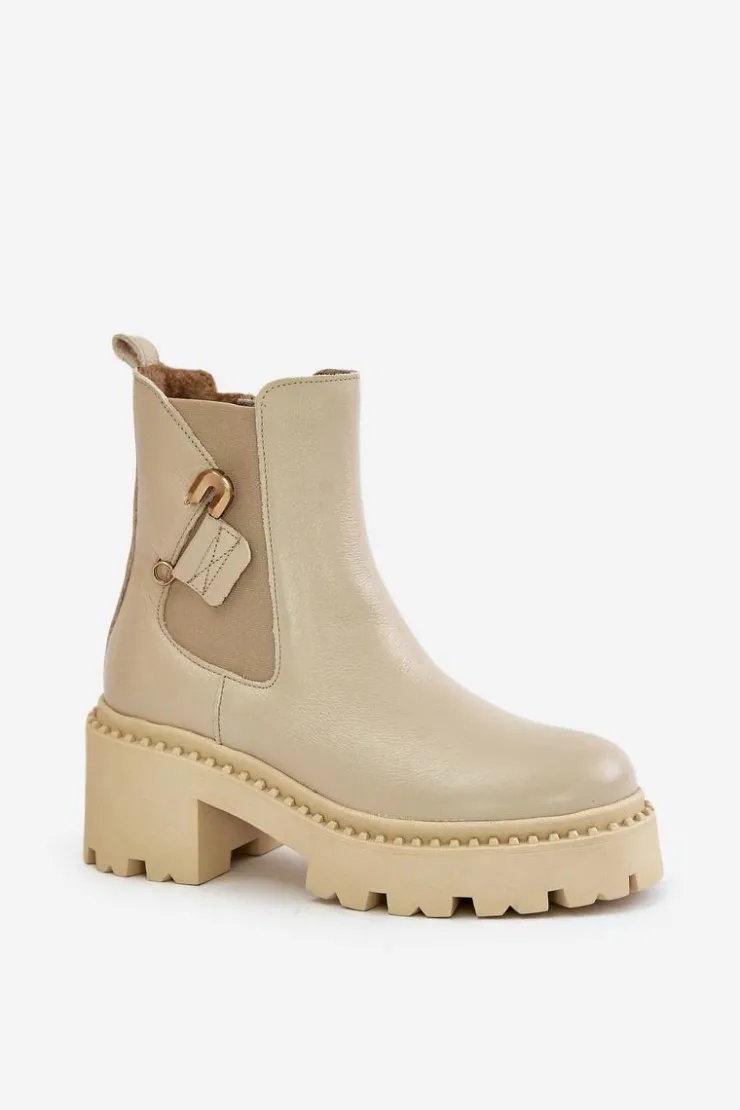 Zazoo Botki Ocieplane|Botki Zimowe Damskie*60490 Skórzane Ocieplane Botki Z Ozdobą Jasnobeżowe Beżowy