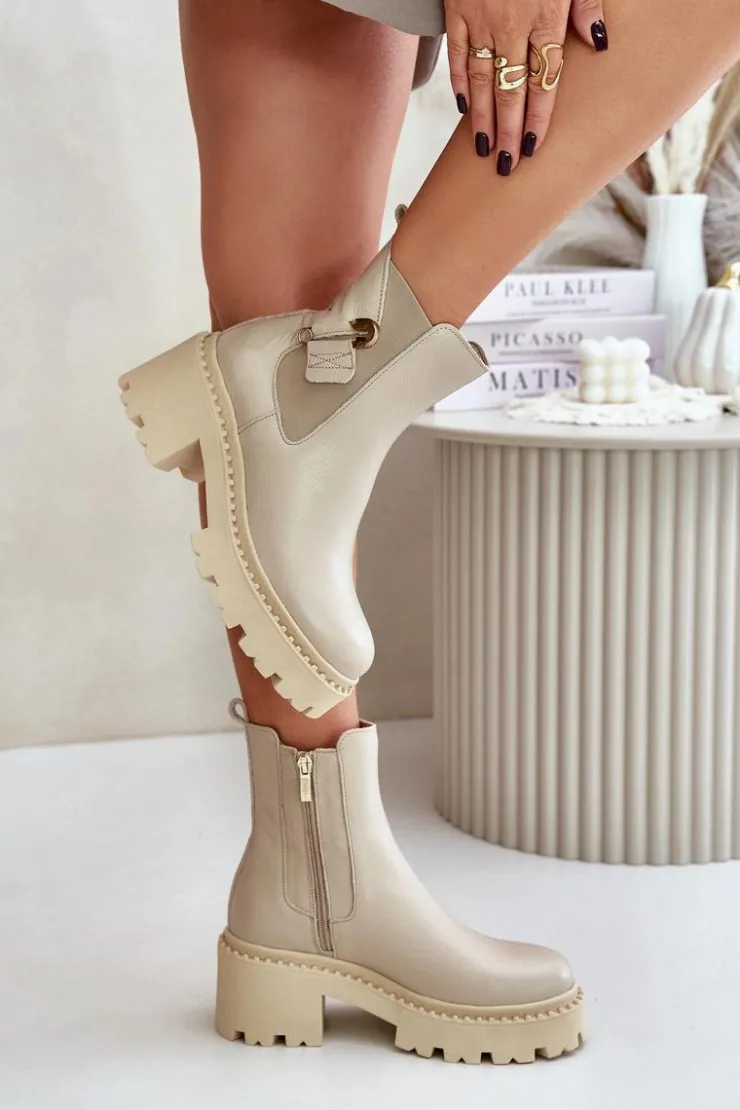 Zazoo Botki Ocieplane|Botki Zimowe Damskie*60490 Skórzane Ocieplane Botki Z Ozdobą Jasnobeżowe Beżowy