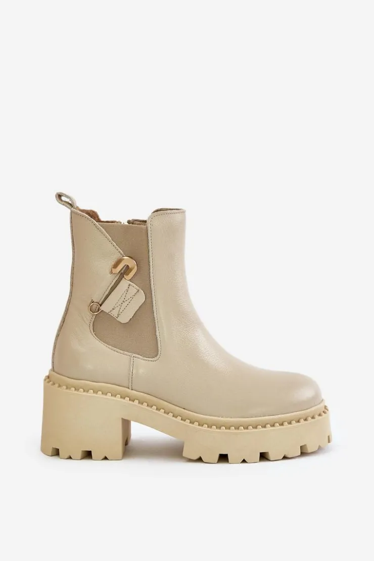 Zazoo Botki Ocieplane|Botki Zimowe Damskie*60490 Skórzane Ocieplane Botki Z Ozdobą Jasnobeżowe Beżowy