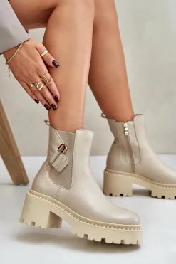 Zazoo Botki Ocieplane|Botki Zimowe Damskie*60490 Skórzane Ocieplane Botki Z Ozdobą Jasnobeżowe Beżowy