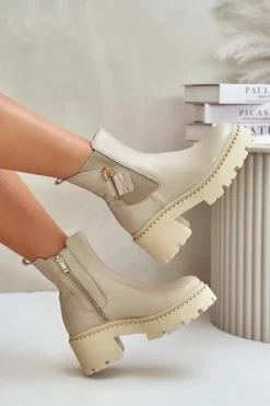 Zazoo Botki Ocieplane|Botki Zimowe Damskie*60490 Skórzane Ocieplane Botki Z Ozdobą Jasnobeżowe Beżowy