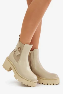 Zazoo Botki Ocieplane|Botki Zimowe Damskie*60490 Skórzane Ocieplane Botki Z Ozdobą Jasnobeżowe Beżowy