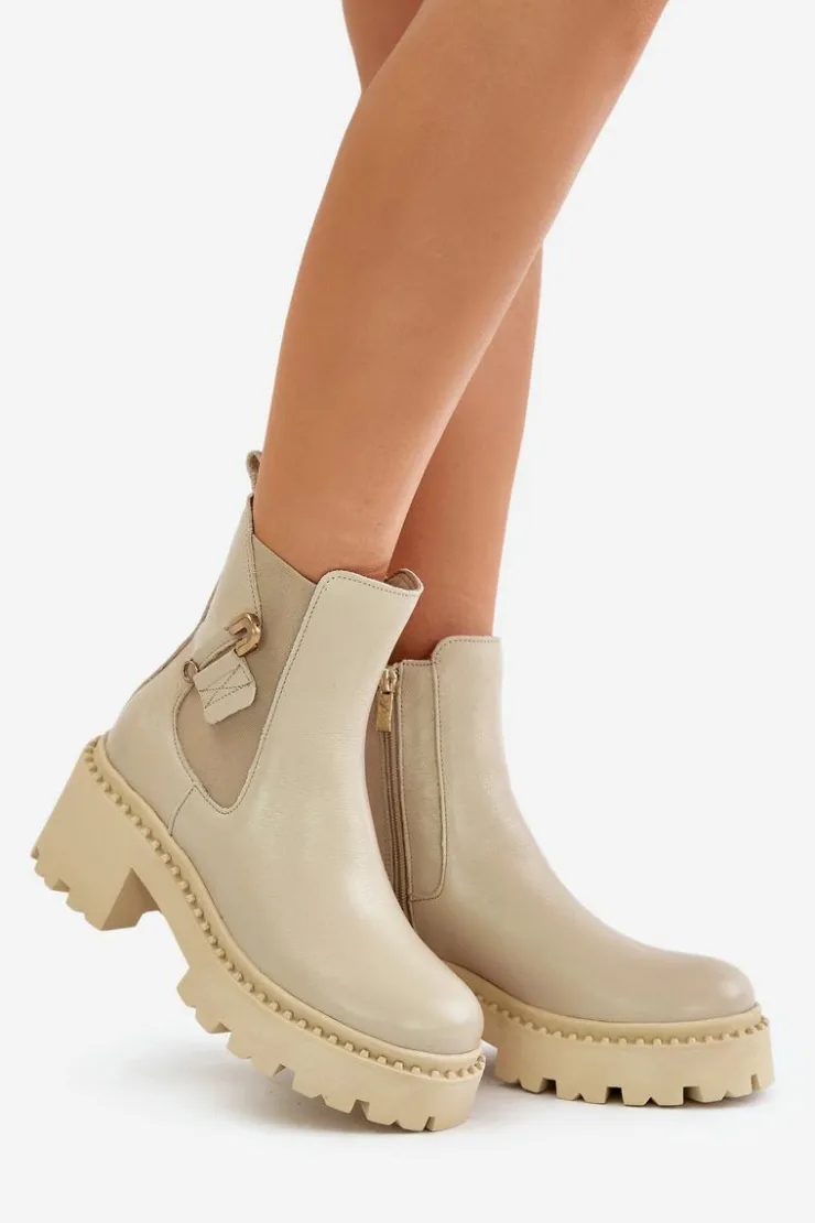 Zazoo Botki Ocieplane|Botki Zimowe Damskie*60490 Skórzane Ocieplane Botki Z Ozdobą Jasnobeżowe Beżowy