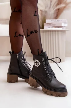 Damskie Boto Zazoo 60376 Skórzane Ocieplane Botki Na Suwak Czarne