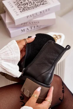 Damskie Boto Zazoo 60376 Skórzane Ocieplane Botki Na Suwak Czarne