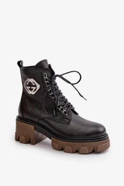 Damskie Boto Zazoo 60376 Skórzane Ocieplane Botki Na Suwak Czarne