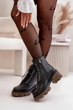 Damskie Boto Zazoo 60376 Skórzane Ocieplane Botki Na Suwak Czarne