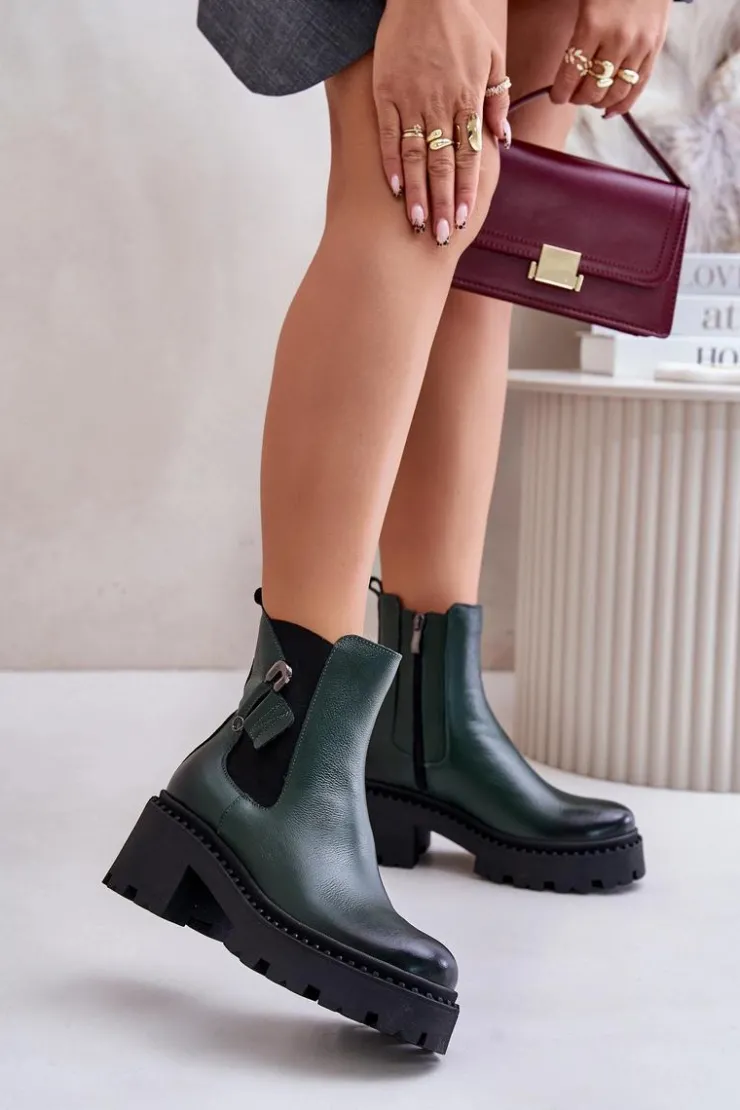 Damskie Zazoo 60490 Skórzane Ocieplane Botki Z Ozdobą Ciemnozielone