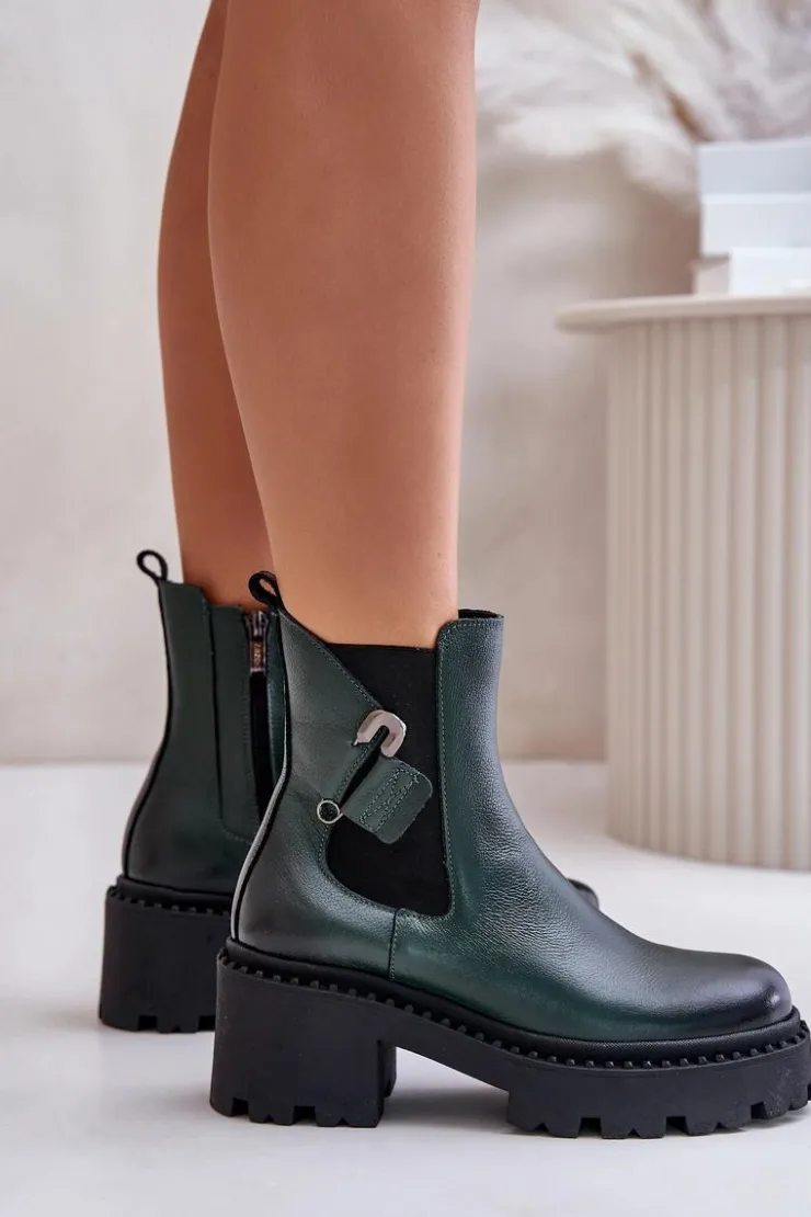 Damskie Zazoo 60490 Skórzane Ocieplane Botki Z Ozdobą Ciemnozielone