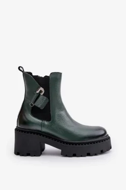 Damskie Zazoo 60490 Skórzane Ocieplane Botki Z Ozdobą Ciemnozielone