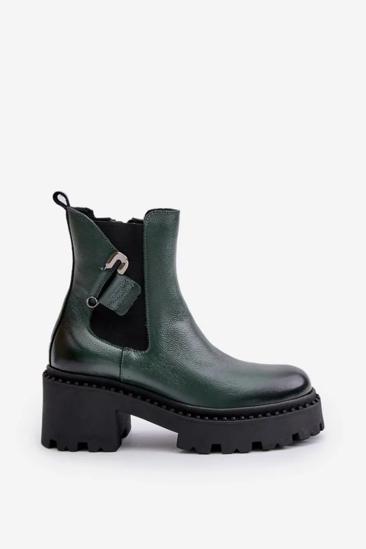 Damskie Zazoo 60490 Skórzane Ocieplane Botki Z Ozdobą Ciemnozielone