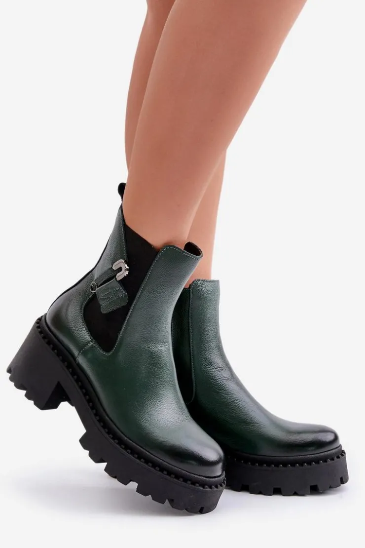 Damskie Zazoo 60490 Skórzane Ocieplane Botki Z Ozdobą Ciemnozielone
