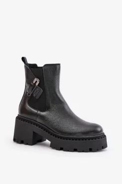 Zazoo 60490 Skórzane Ocieplane Botki Z Ozdobą Czarne Czarny