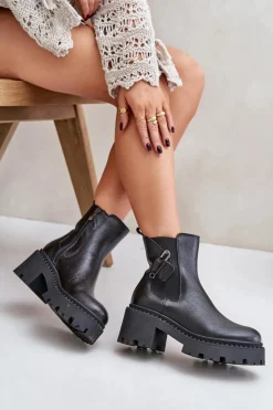 Zazoo 60490 Skórzane Ocieplane Botki Z Ozdobą Czarne Czarny