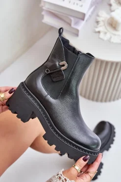 Zazoo 60490 Skórzane Ocieplane Botki Z Ozdobą Czarne Czarny