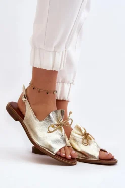 Zazoo Sandały Płaskie*2898 Skórzane Płaskie Sandały Złote Złoty