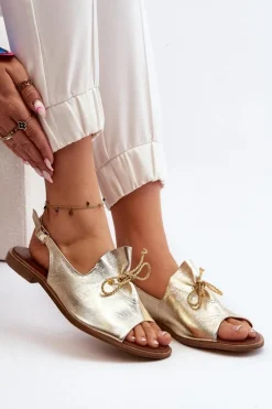 Zazoo Sandały Płaskie*2898 Skórzane Płaskie Sandały Złote Złoty