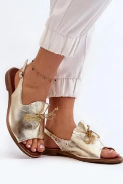 Zazoo Sandały Płaskie*2898 Skórzane Płaskie Sandały Złote Złoty