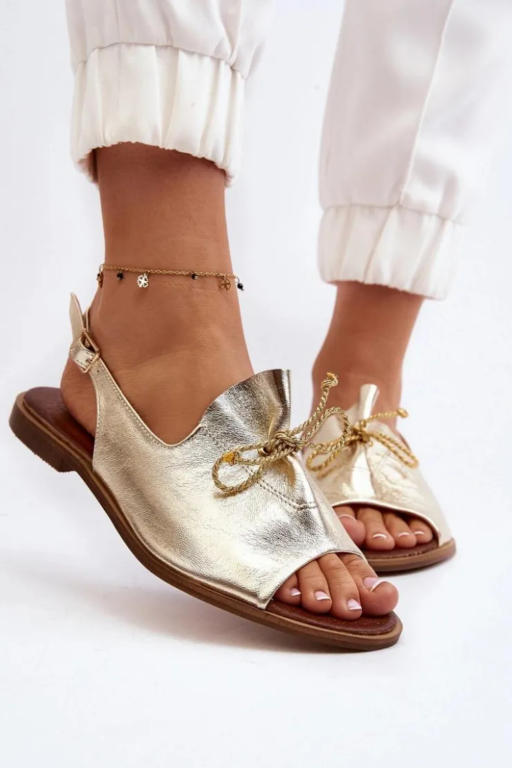 Zazoo Sandały Płaskie*2898 Skórzane Płaskie Sandały Złote Złoty