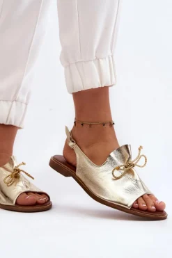 Zazoo Sandały Płaskie*2898 Skórzane Płaskie Sandały Złote Złoty