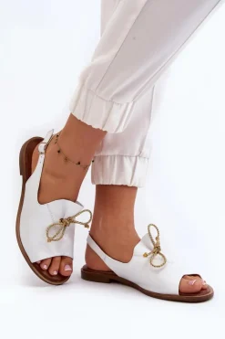 Damskie Zazoo 2898 Skórzane Płaskie Sandały Białe