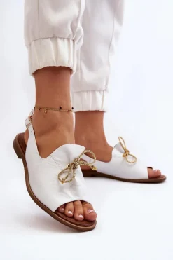 Damskie Zazoo 2898 Skórzane Płaskie Sandały Białe