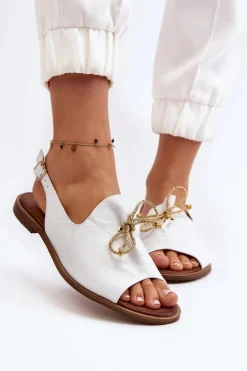 Damskie Zazoo 2898 Skórzane Płaskie Sandały Białe