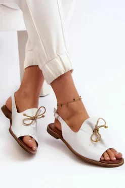 Damskie Zazoo 2898 Skórzane Płaskie Sandały Białe