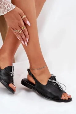 Damskie Zazoo 2898 Skórzane Płaskie Sandały Czarne