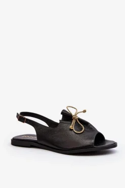 Clearance Zazoo 2898 Skórzane Płaskie Sandały Czarne Czarny