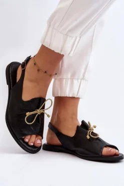 Clearance Zazoo 2898 Skórzane Płaskie Sandały Czarne Czarny