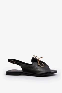 Clearance Zazoo 2898 Skórzane Płaskie Sandały Czarne Czarny