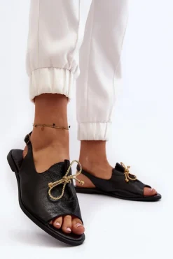 Clearance Zazoo 2898 Skórzane Płaskie Sandały Czarne Czarny