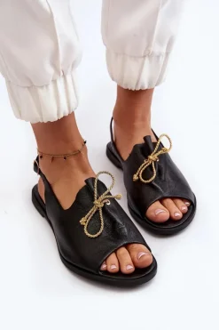 Clearance Zazoo 2898 Skórzane Płaskie Sandały Czarne Czarny