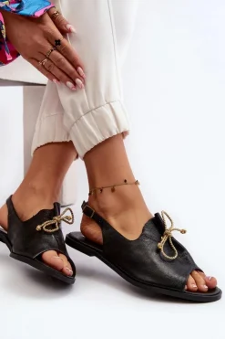 Clearance Zazoo 2898 Skórzane Płaskie Sandały Czarne Czarny