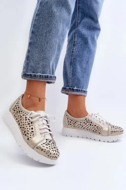 Zazoo Półbuty Skórzane*2821 Skórzane Półbuty Damskie Ażurowe Złote Szary