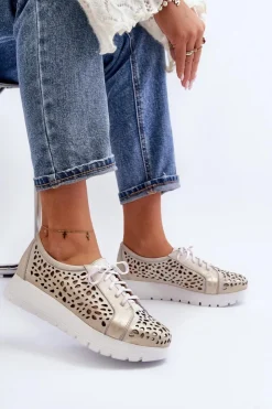 Zazoo Półbuty Skórzane*2821 Skórzane Półbuty Damskie Ażurowe Złote Szary
