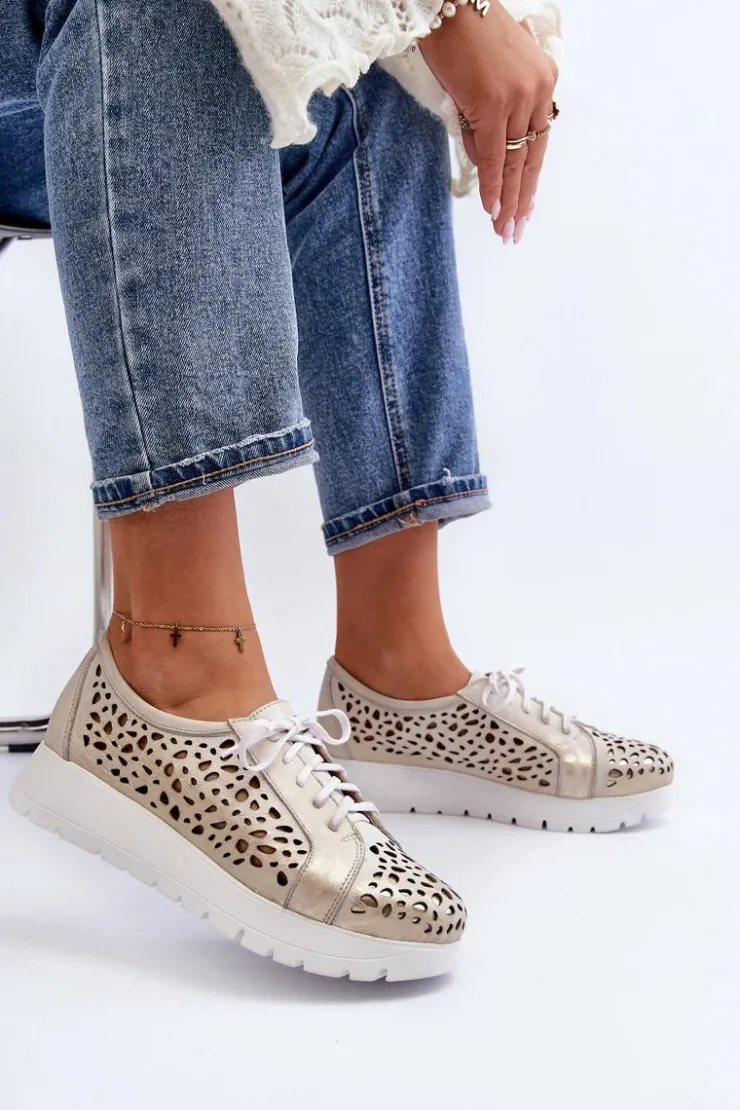 Zazoo Półbuty Skórzane*2821 Skórzane Półbuty Damskie Ażurowe Złote Szary