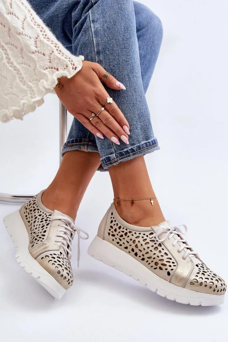 Zazoo Półbuty Skórzane*2821 Skórzane Półbuty Damskie Ażurowe Złote Szary