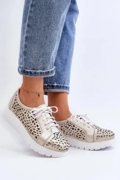 Zazoo Półbuty Skórzane*2821 Skórzane Półbuty Damskie Ażurowe Złote Szary