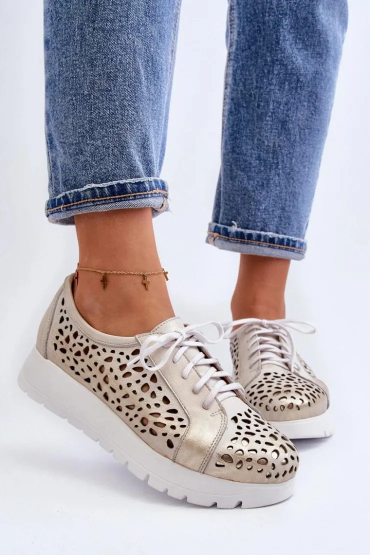 Zazoo Półbuty Skórzane*2821 Skórzane Półbuty Damskie Ażurowe Złote Szary