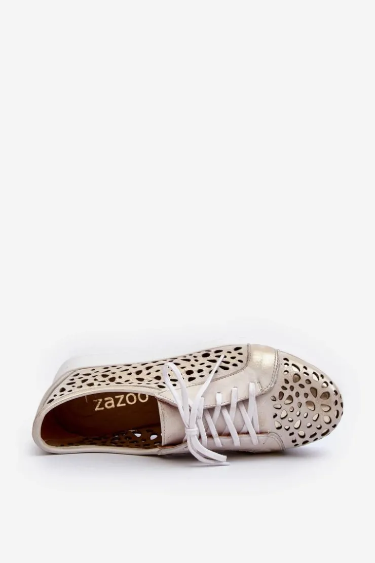Zazoo Półbuty Skórzane*2821 Skórzane Półbuty Damskie Ażurowe Złote Szary