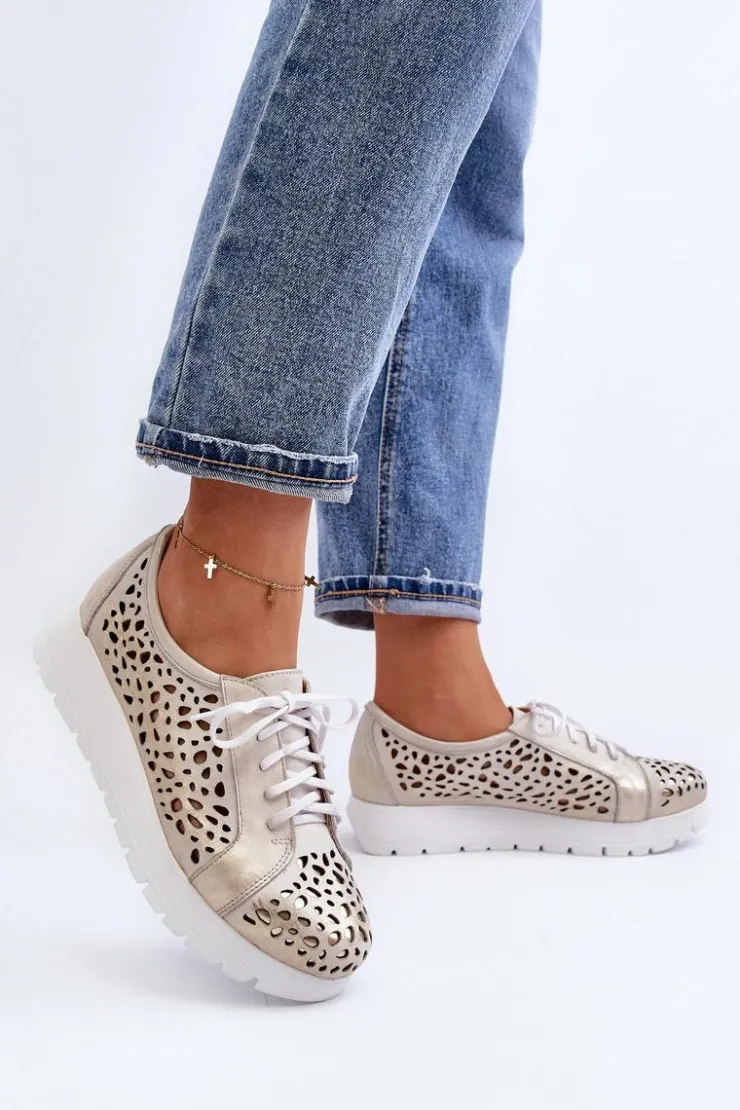 Zazoo Półbuty Skórzane*2821 Skórzane Półbuty Damskie Ażurowe Złote Szary