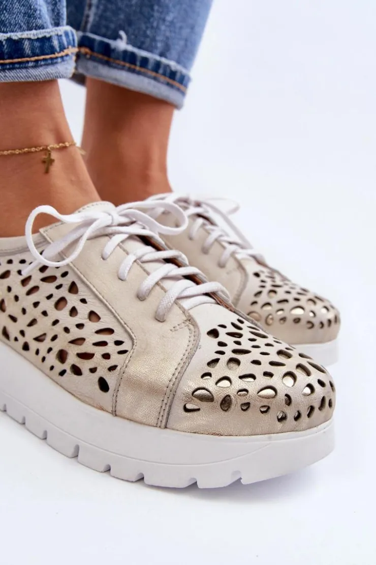 Zazoo Półbuty Skórzane*2821 Skórzane Półbuty Damskie Ażurowe Złote Szary