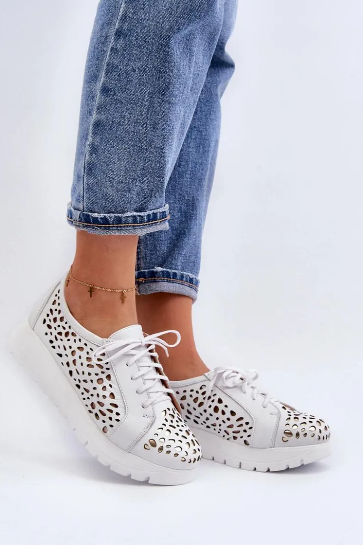 Discount Zazoo 2821 Skórzane Półbuty Damskie Ażurowe Jasnoszare Szary