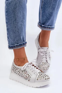 Discount Zazoo 2821 Skórzane Półbuty Damskie Ażurowe Jasnoszare Szary